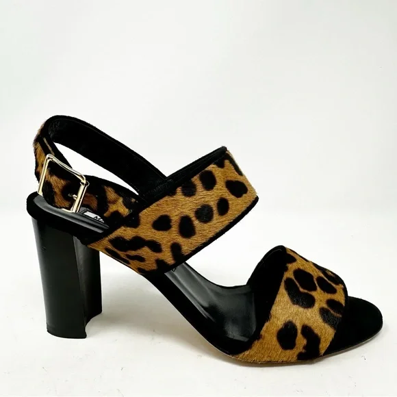 Manolo Blahnik Leopard Calf Hair Block Heel Sandals Size 37 US 7